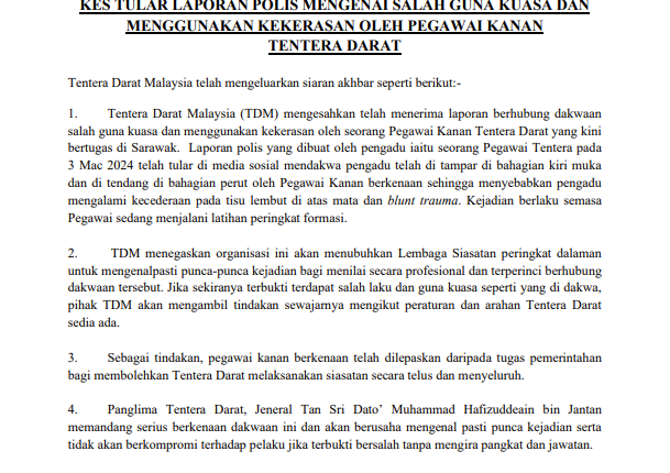 KES TULAR LAPORAN POLIS MENGENAI SALAH GUNA KUASA DAN MENGGUNAKAN KEKERASAN OLEH PEGAWAI KANAN TENTERA DARAT