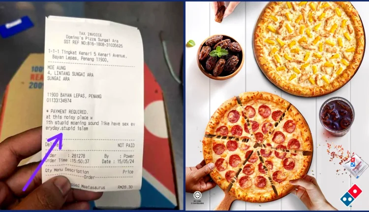 A religious slur on a Domino's Pizza order chit led to the arrest of four foreigners