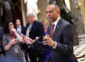House Minority Leader Hakeem Jeffries speaks to members of the press after Rep. Marjorie Taylor Greene introduced a motion to vacate against Speaker of the House Mike Johnson on May 08, 2024. (Getty Images/AFP)