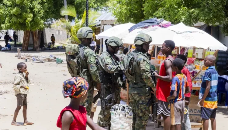 Rwandan Counter-Terrorism Special Units and Mozambique police patrol streets in Palma, Cabo Delgado province, Mozambique on December 18, 2023. © 2023 Cyrile Ndegeya/Anadolu via Getty Images