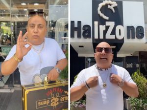 These images from social media influencer George Moubayyed's TikTok account shows himself posing in front of his salon in Beirut’s Sabtieh neighborhood. (Supplied)