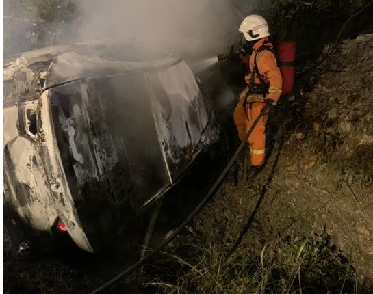 Car engulfed in flames after falling into ditch, firefighters discover burned body