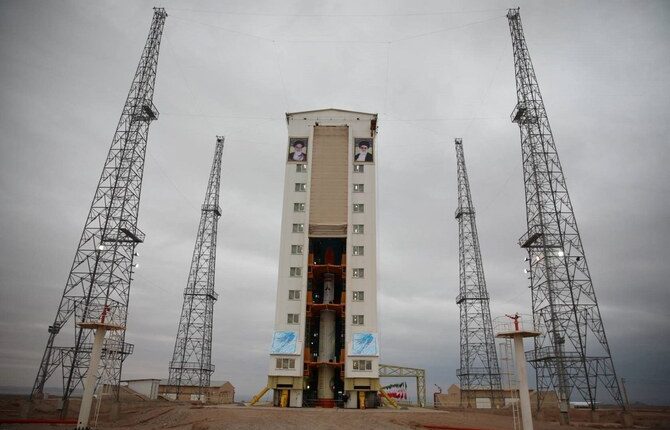 File photo A handout picture provided by the Iranian Defence Ministry on January 28, 2024 shows Iran's two-stage Simorgh (Phoenix) satellite carrier on a launch platform at an undisclosed location.(AFP)