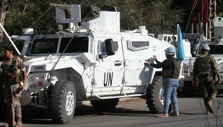 Lebanese army soldiers and members of the United Nations Interim Force in Lebanon (UNIFIL) patrol near the southern Lebanese village of Marjayoun