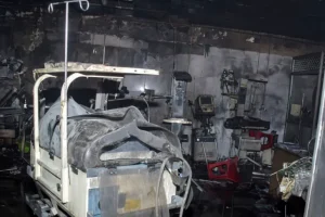 Fire-damaged equipment at the hospital's neonatal intensive care unit