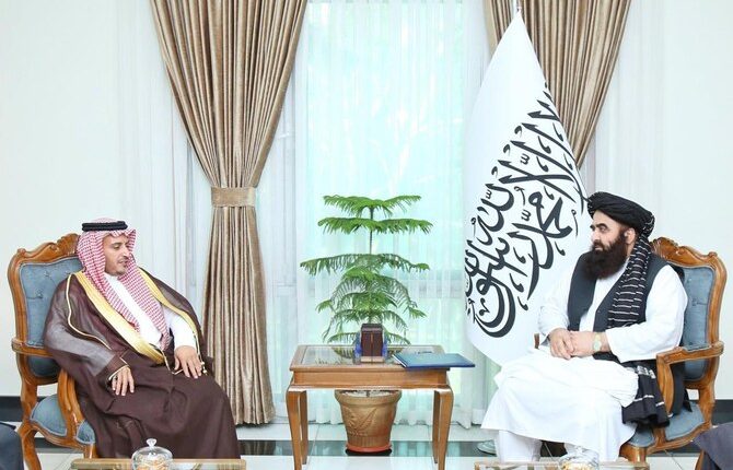Saudi Ambassador to Afghanistan Faisal Torki Al-Buqam meets with Afghanistan's acting foreign minister Amir Khan Muttaqi. (Saudi Embassy in Afghanistan)